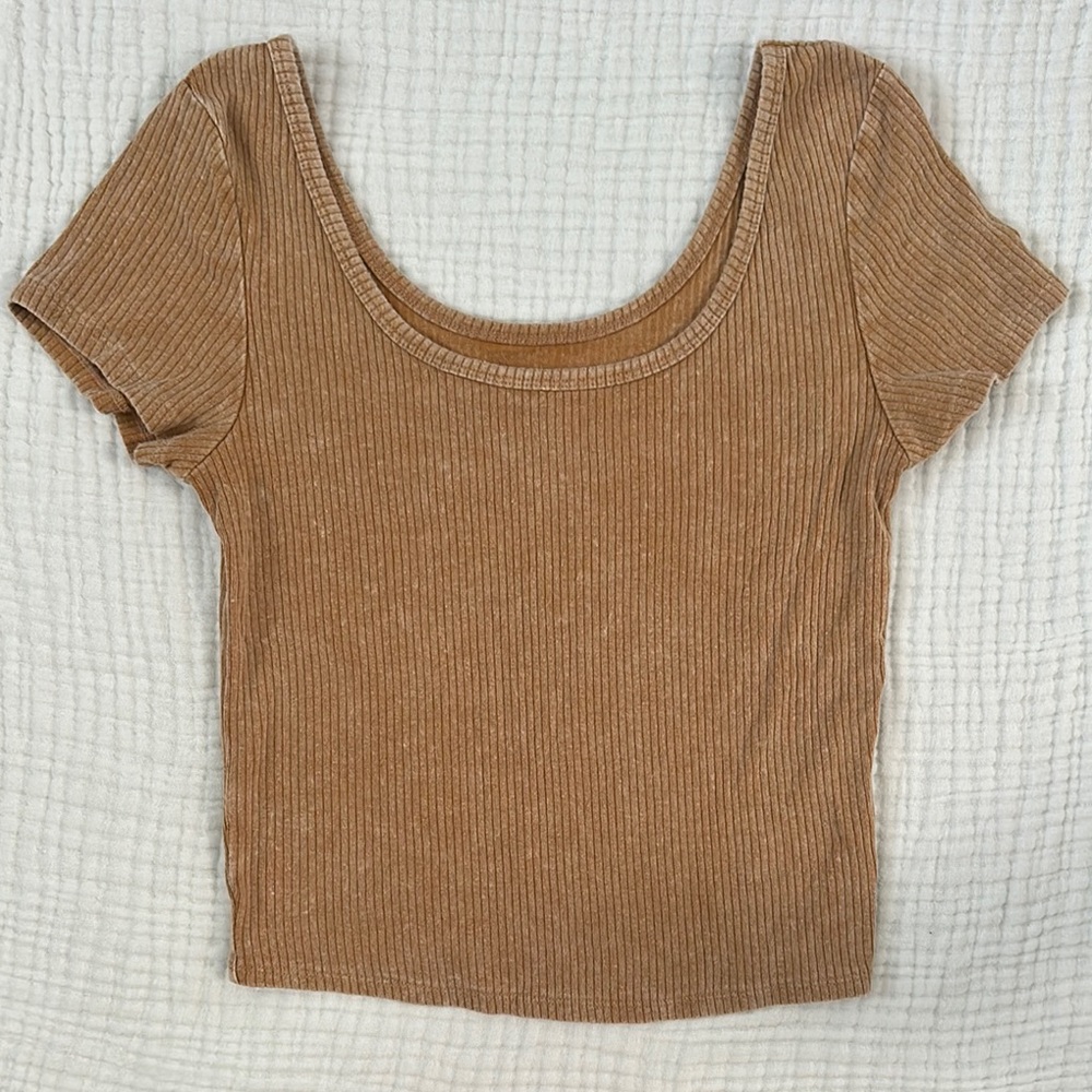 Wild Fable Tan Ribbed Crop Acid Wash T-Shirt